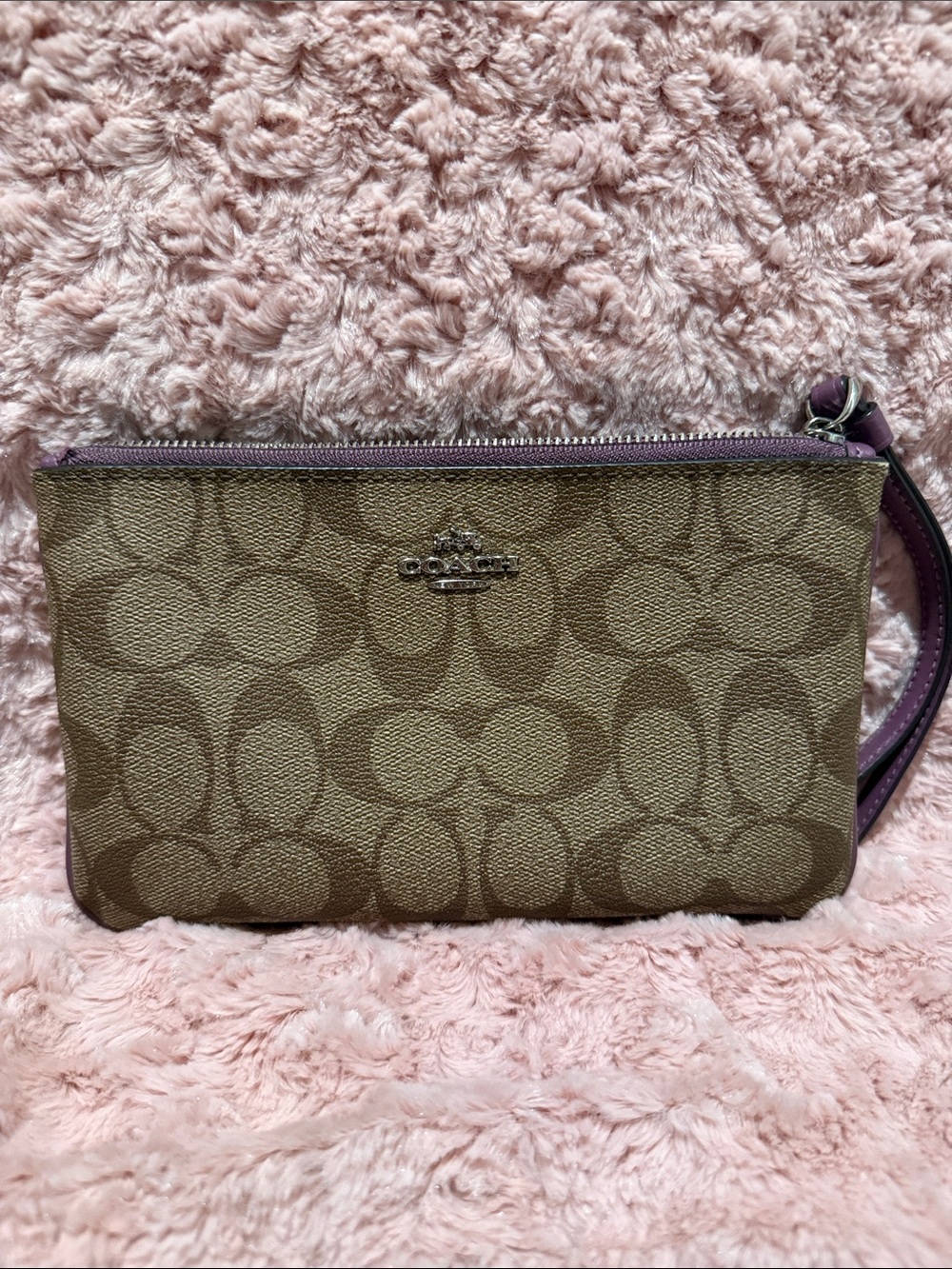 Coach Brown Signature Canvas Wristlet with Purple Trim
